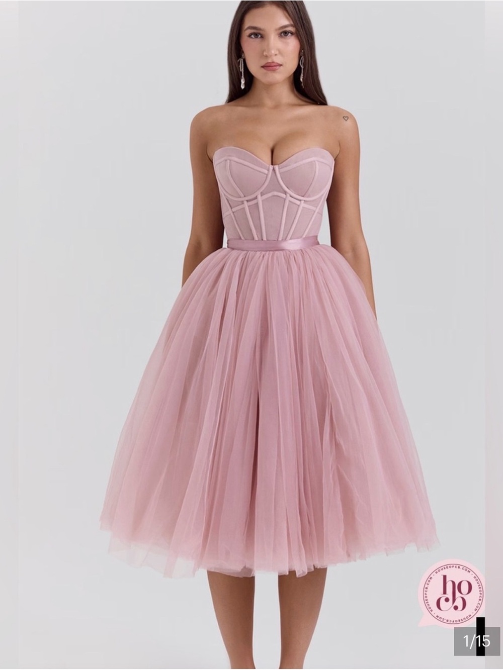 House of CB Blush Pink Strapless Tulle Corset Midi Dress
